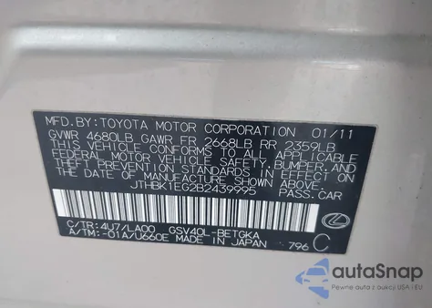 2011 Lexus Es 350 из США, поврежденный, VIN JTHBK1EG2B2439995